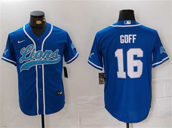 Mens Detroit Lions #16 Jared Goff Blue Cool Base Stitched Baseball Jersey